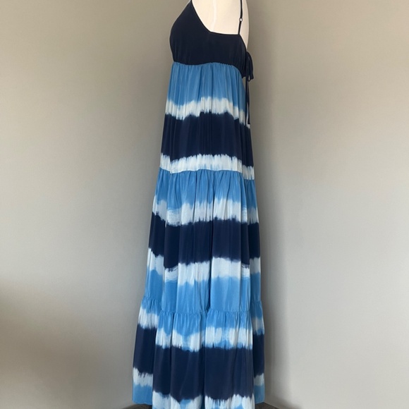 Gerard Darel Silk Maxi Navy Blue Striped Tiered Cocktail Flowy Printed Dress 6 - Picture 2 of 13